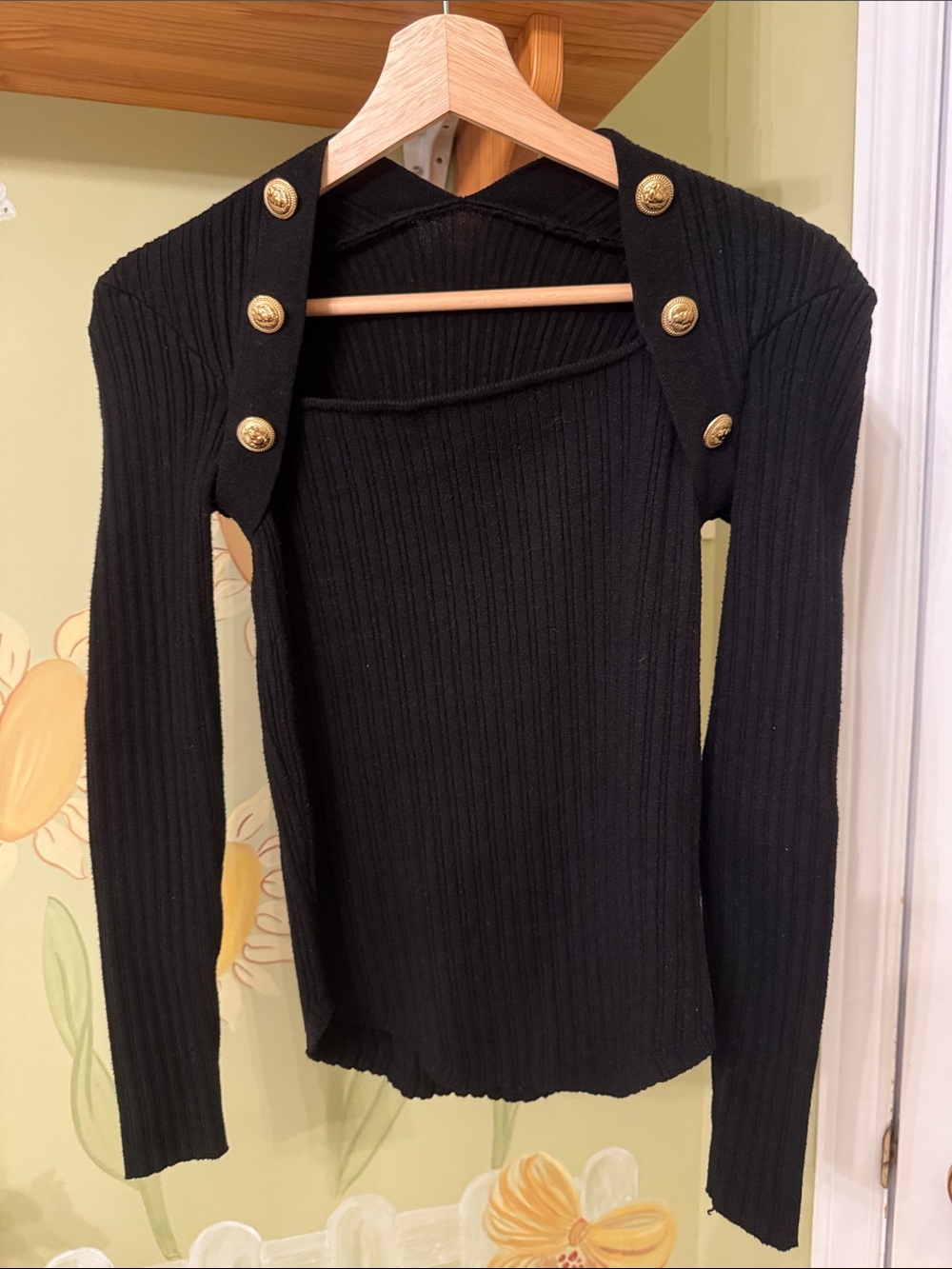 Black Ribbed Knit Long-Sleeve Top with Gold Buttons